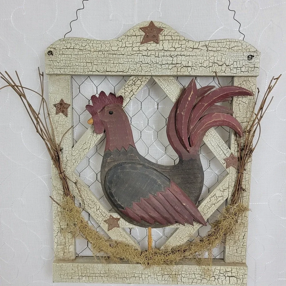 Vintage Country Carved Wood Chicken Rooster Wire Framed Picture Hanging Decor
